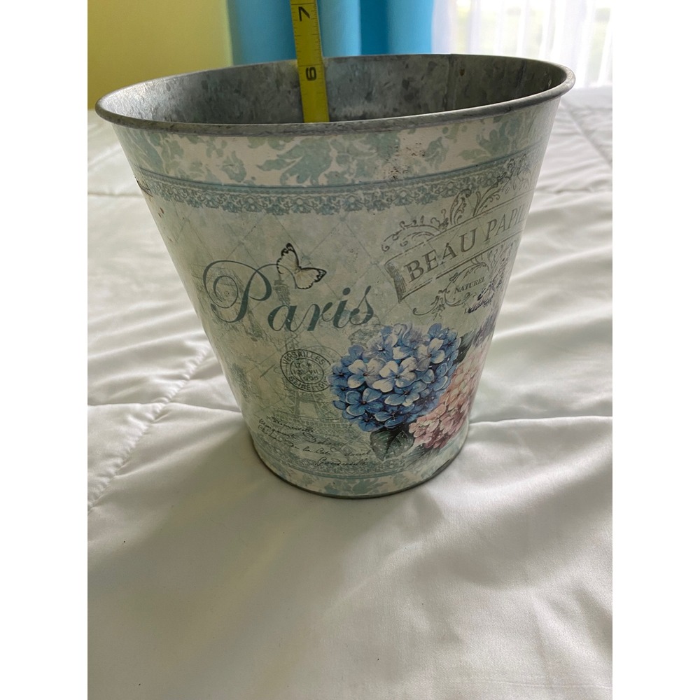 French Country Hydrangea Tin Planter Metal Wastebasket Shabby Cottagecore Decor